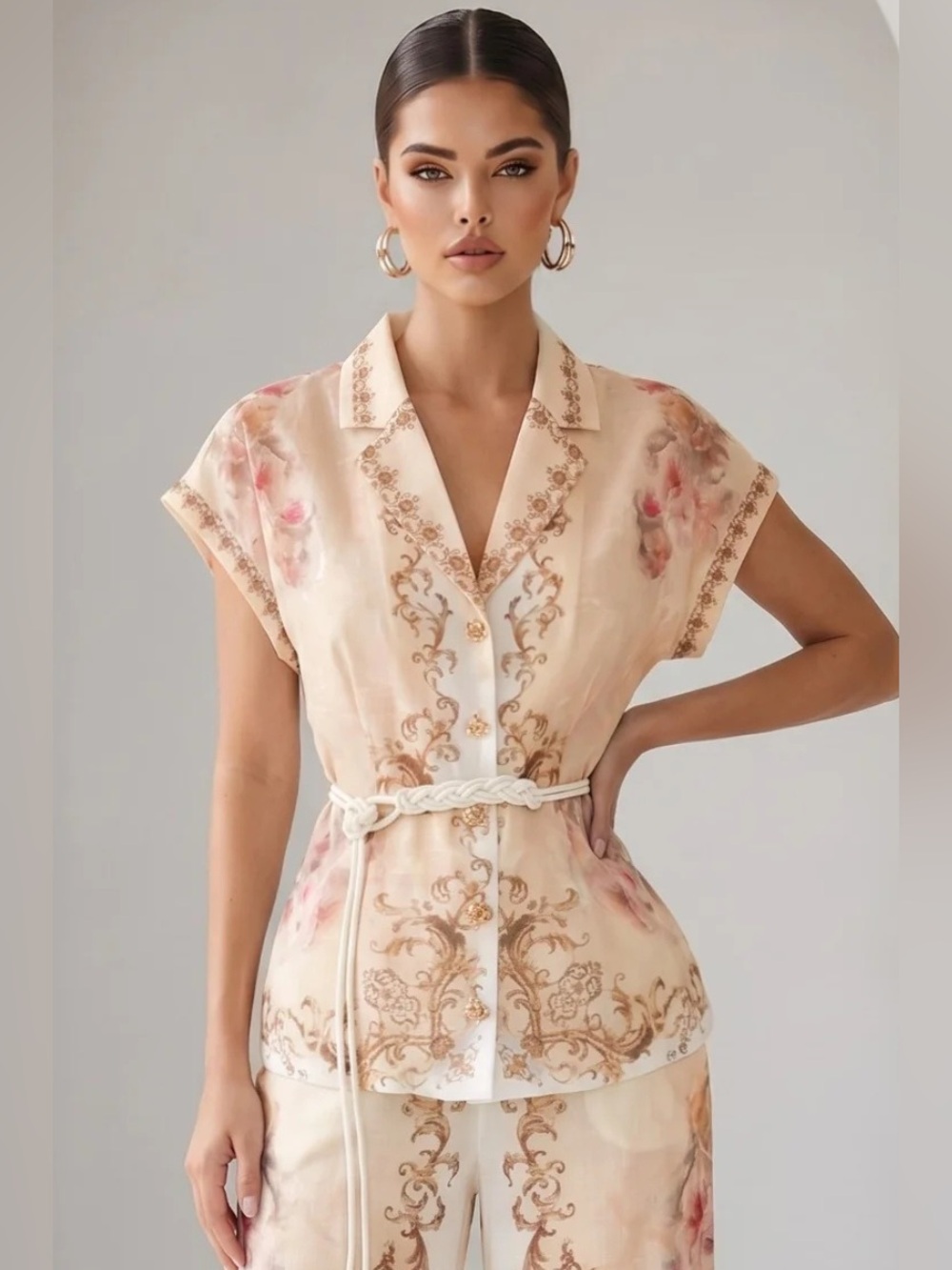 Watercolor Floral Baroque Border Button-Down Top with Belt - A. Peach